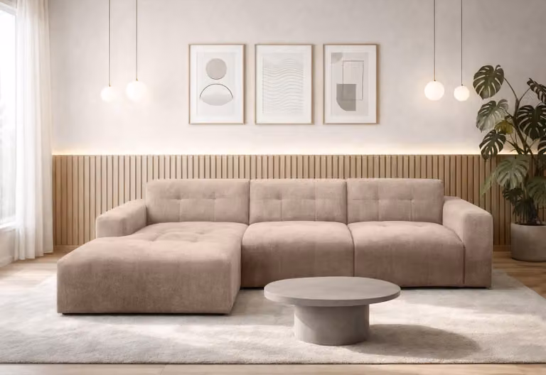 AX LIVING Divano ad L Corlu, divano angolare marrone per soggiorno, 310 cm di lunghezza