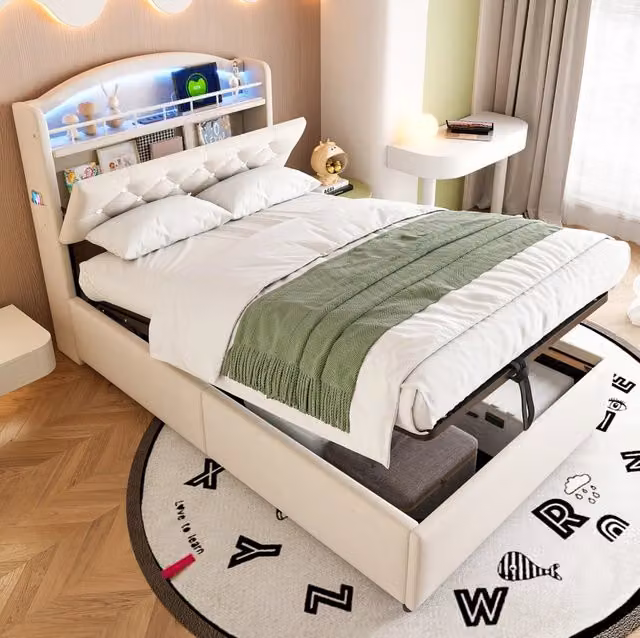 Letto imbottito per bambini 90x200 cm in velluto beige con LED; USB e vano contenitore