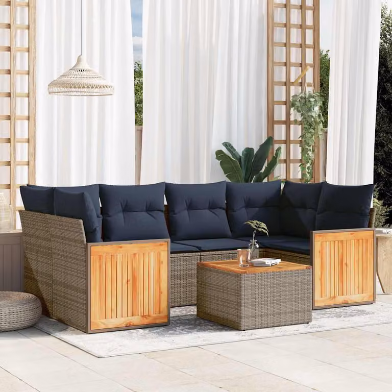 Set da giardino vidaXL in polyrattan grigio composto da 7 pezzi con cuscini e tavolino da esterno
