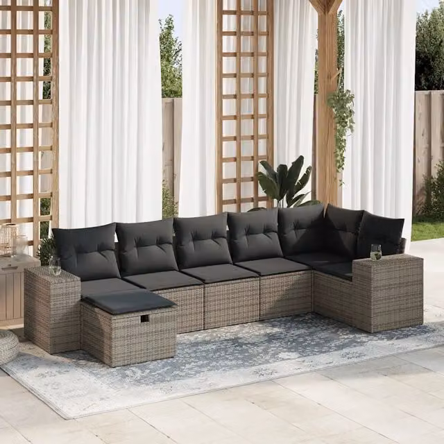 Set Divani da Giardino 7 pz con Cuscini Grigio in Polyrattan 3325706