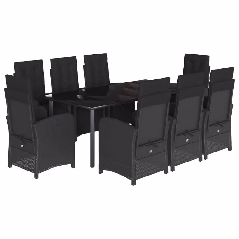 Set da Pranzo da Giardino 9 pz con Cuscini Nero in Polyrattan
