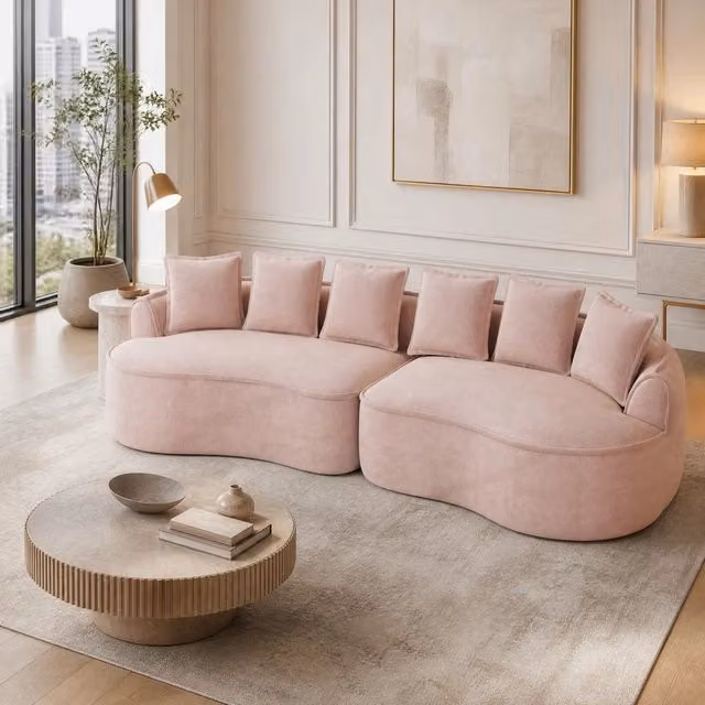 Divano modulare in ciniglia rosa; chaise longue profonda; senza montaggio