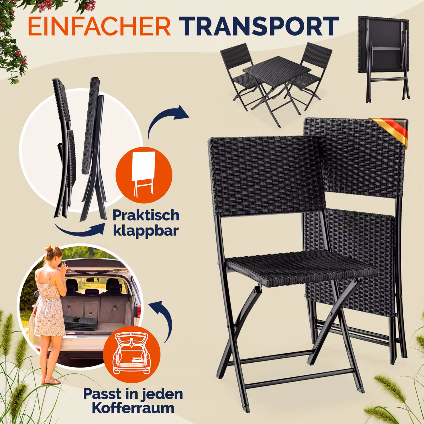 Set da esterno Casaria composto da 3 pezzi in polyrattan nero con design moderno e pieghevole per balcone, terrazzo o giardino – 2