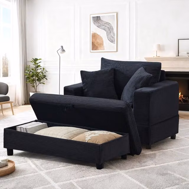 Divano chaise longue con vano contenitore e 3 cuscini in corda, gambe in plastica rinforzata, nero 107 × 74 × 57 cm
