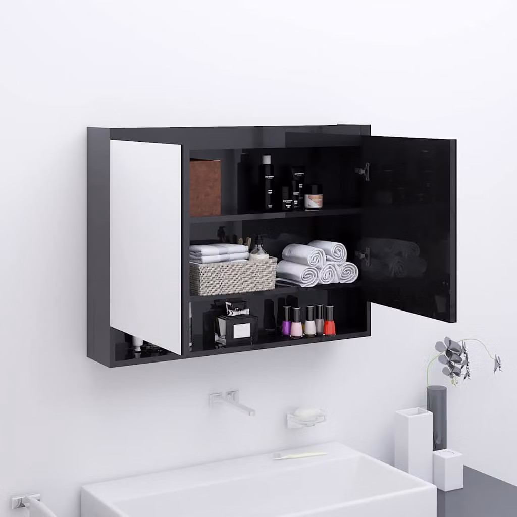 Armadietto da bagno con specchio vidaXL moderno in MDF nero lucido, L: 80 cm, P: 15 cm, H: 60 cm