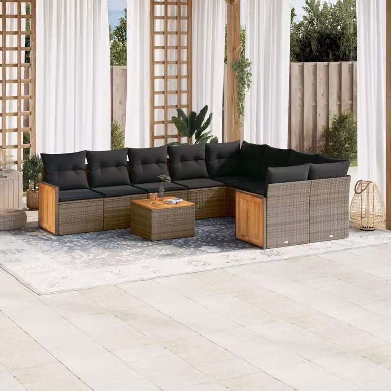 vidaXL Set Divano da Giardino a L 10 pz in Polyrattan Grigio con Cuscini e Tavolino