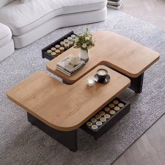 Tavolo da Caffè - Materiale Sostenibile in Legno - Design 2 in 1 - 2 Cassetti - Lampada a LED