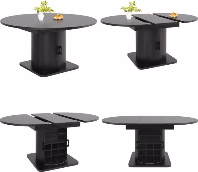 Isola cucina estensibile da 120 a 194 cm; piano girevole a 360°; MDF nero con ante in vetro