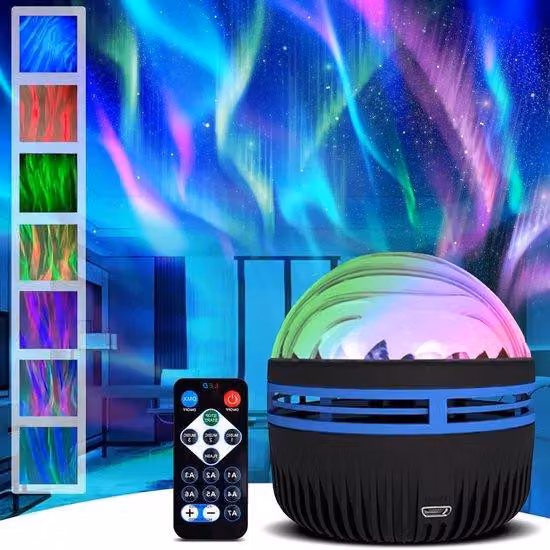 Proiettore 2-in-1 "Aurore Boreali" con telecomando, per proiezioni di onde marine e luci polari