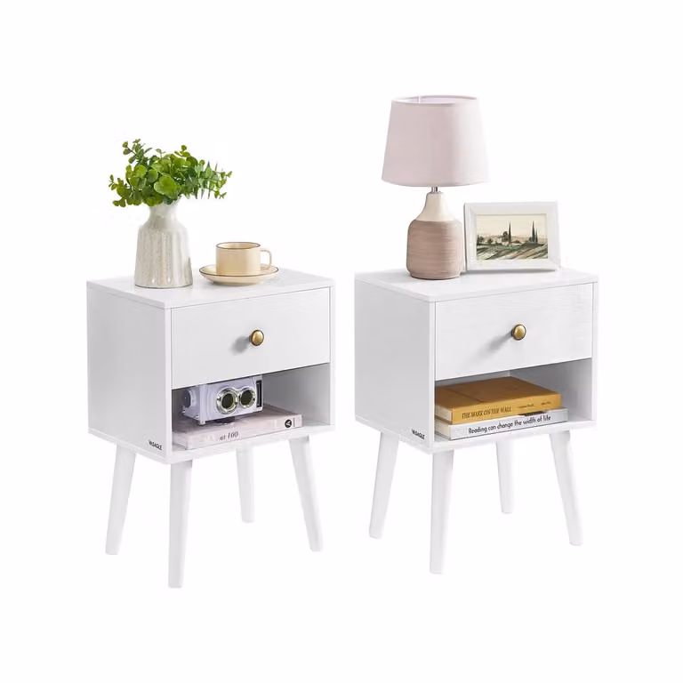 Comodino con Cassetto e Scomparto Aperto Portaoggetti Gambe in Legno, Bianco Neve / Set di 2