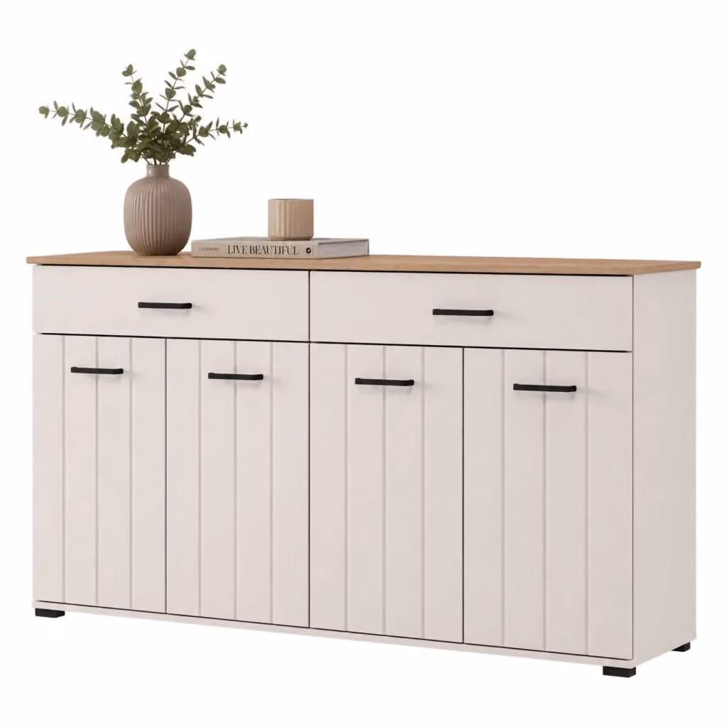 Madia Quarna DMORA con 3 ripiani, design moderno in legno, L: 156 cm, P: 40 cm, H: 86 cm, Bianco Crema – 2