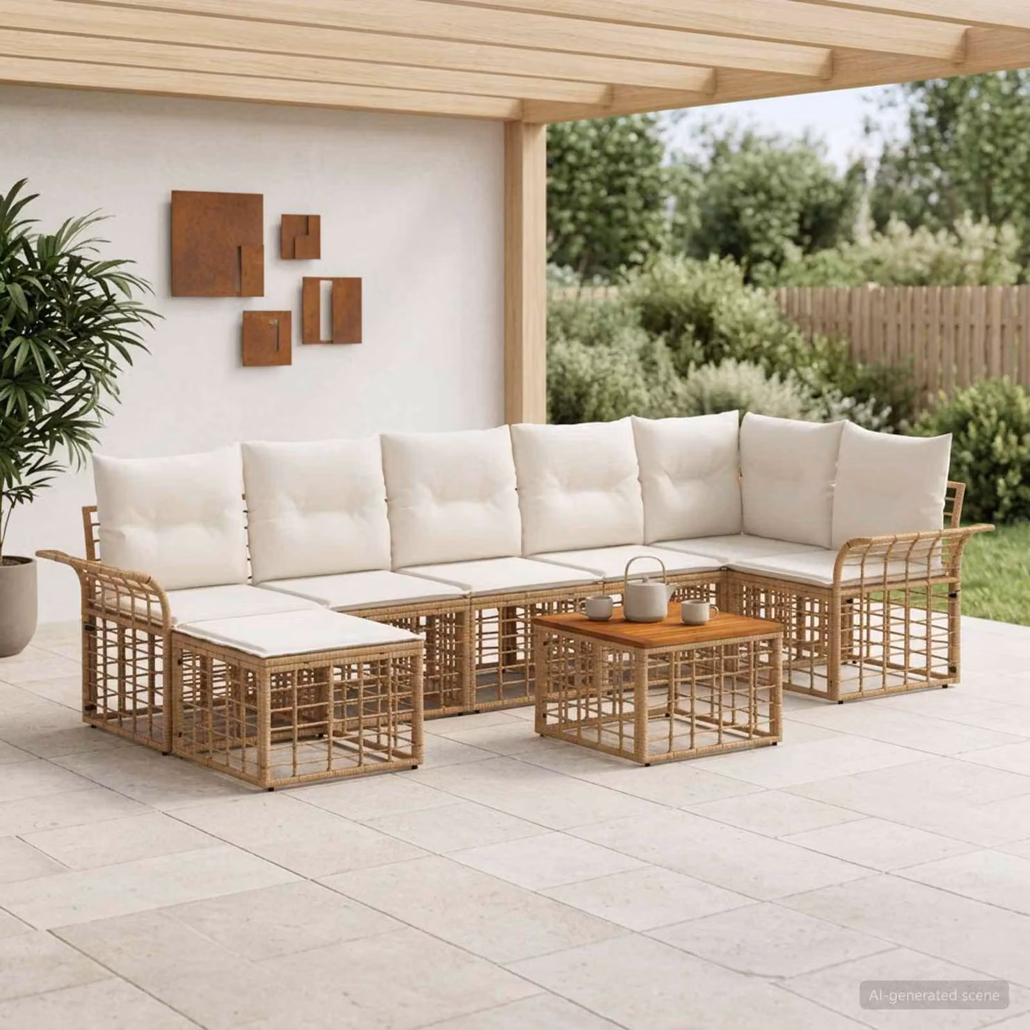 Maison Exclusive - Set da esterno per divano, 8 pezzi, 7 posti, color naturale e crema