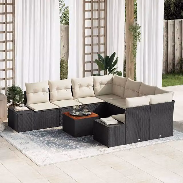 Set Divano da Giardino 9 pz Nero e Crema polyrattan 3356605