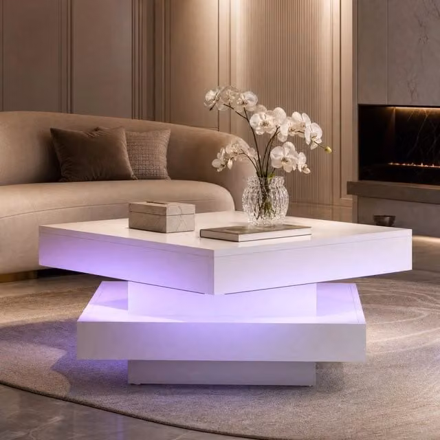 Tavolino basso fisso quadrato con piano girevole a 360° e LED regolabile in truciolare bianco lucido 70 × 70 × 36 cm