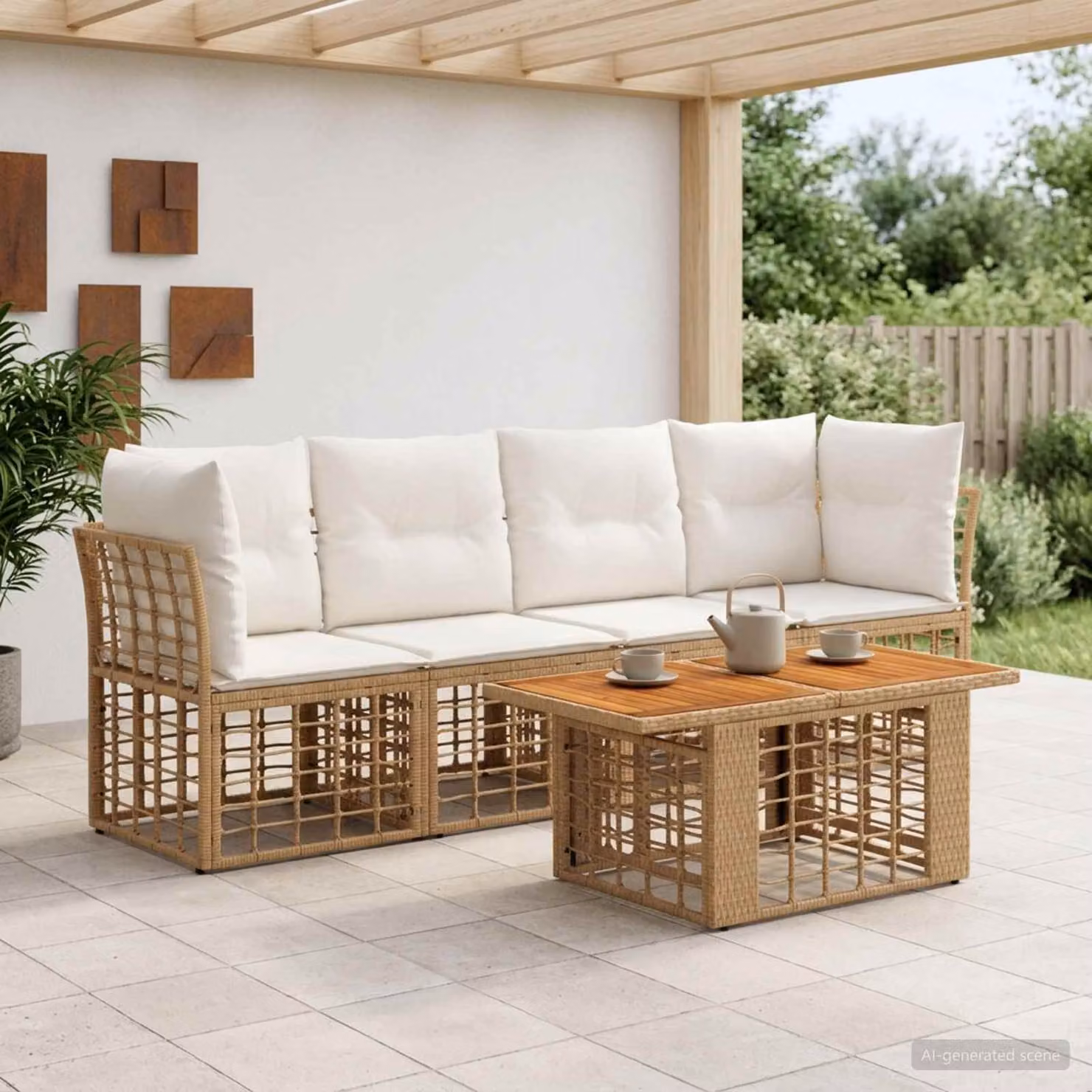Set Divano da Giardino vidaXL 5 pz in Polyrattan con Cuscini, Colore Naturale e Bianco Crema