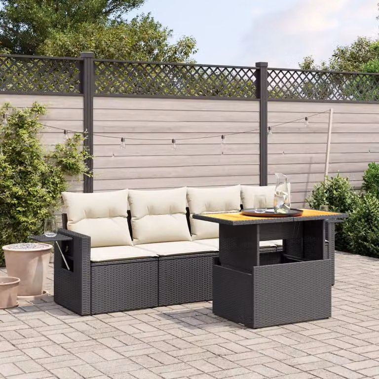 vidaXL Set Divani da Giardino 5 pz in Polyrattan Nero con Cuscini e Tavolino da Esterno