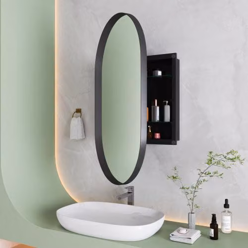 Zimilo Armadio a specchio ovale, armadietto dei medicinali, telaio in metallo, da parete e da incasso, armadio da bagno con specchio, ripiani regolabili, spazio contenitivo per il bagno, nero