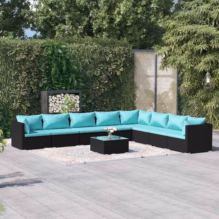 Set Divani da Giardino vidaXL 9 pz con Cuscini, Design Moderno a L con Tavolino e Struttura in Acciaio Verniciato a Polvere, Colore Nero, Blu o Turchese