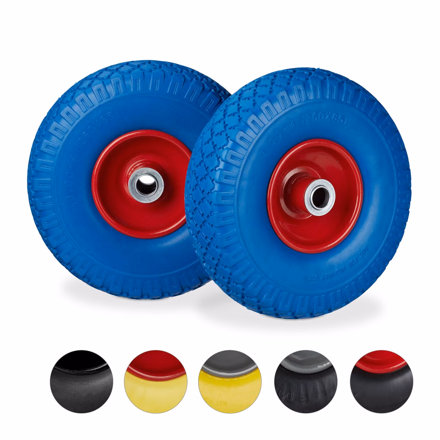 4 ruote per carrello a mano, pneumatici in gomma piena anti-foratura, cerchio in acciaio 3.00-4", asse da 20 mm, portata 100 kg, ruota di scorta 260 x 85 mm, blu-rosso