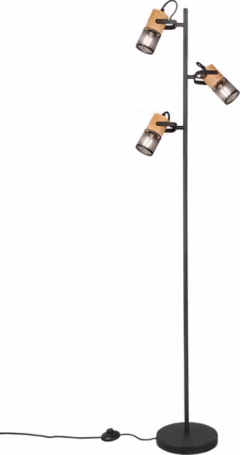 Lampada Piantana Trio Leuchten con 3 Luci a Cilindro in Metallo Nero e Legno, Altezza: 150 cm