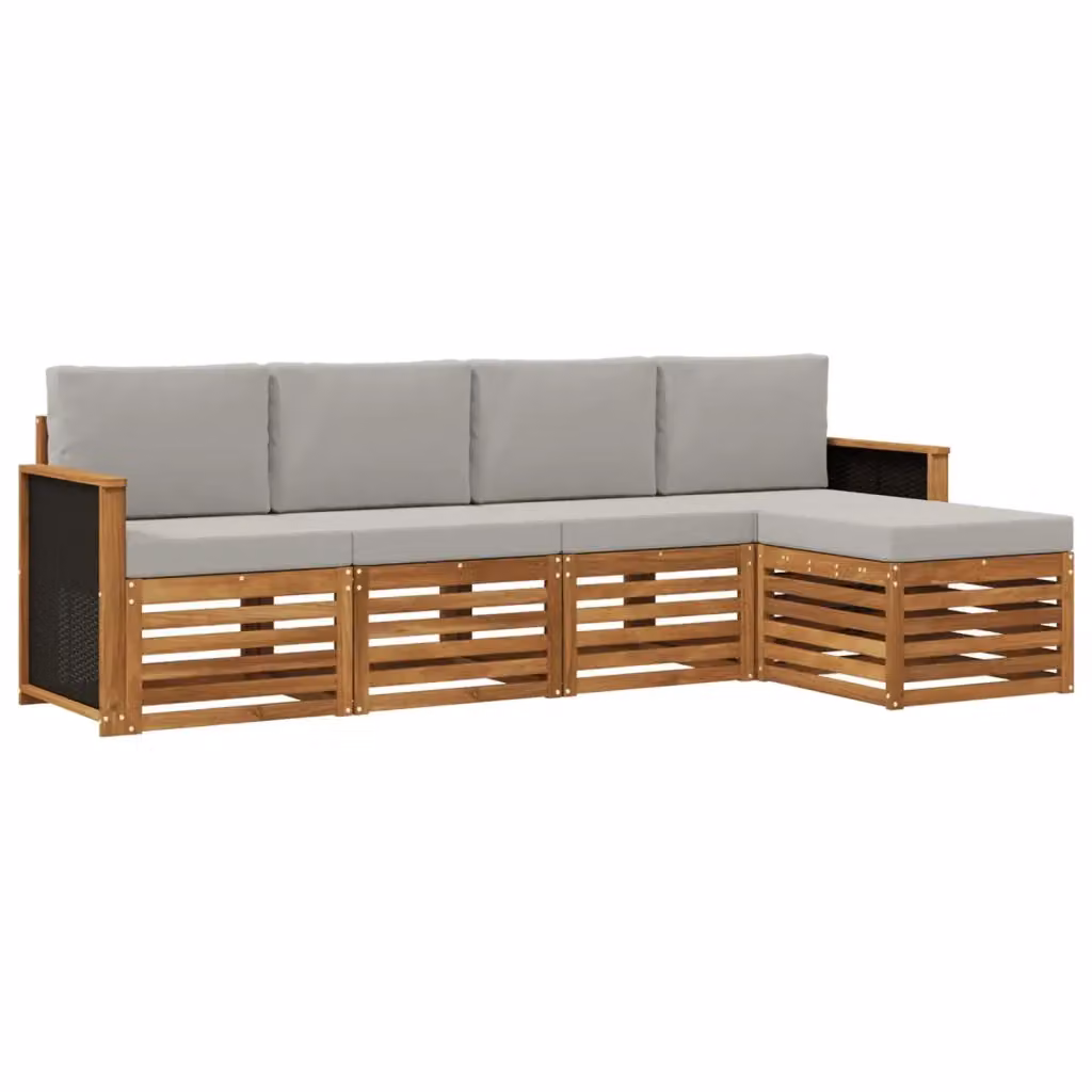 Set di divani da esterno a L vidaXL in legno di acacia con pouf e cuscini, beige e grigio – 2