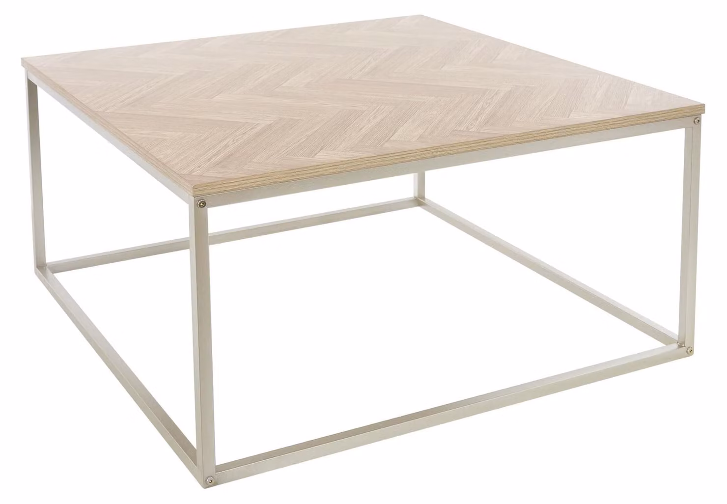 Tavolino in acciaio con finitura effetto legno di quercia, 80x80 cm, motivo a spina di pesce, ideale per il soggiorno