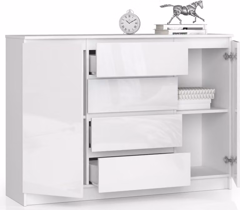 Comò da 138 cm con 4 cassetti e 2 ante; credenza alta 99 cm