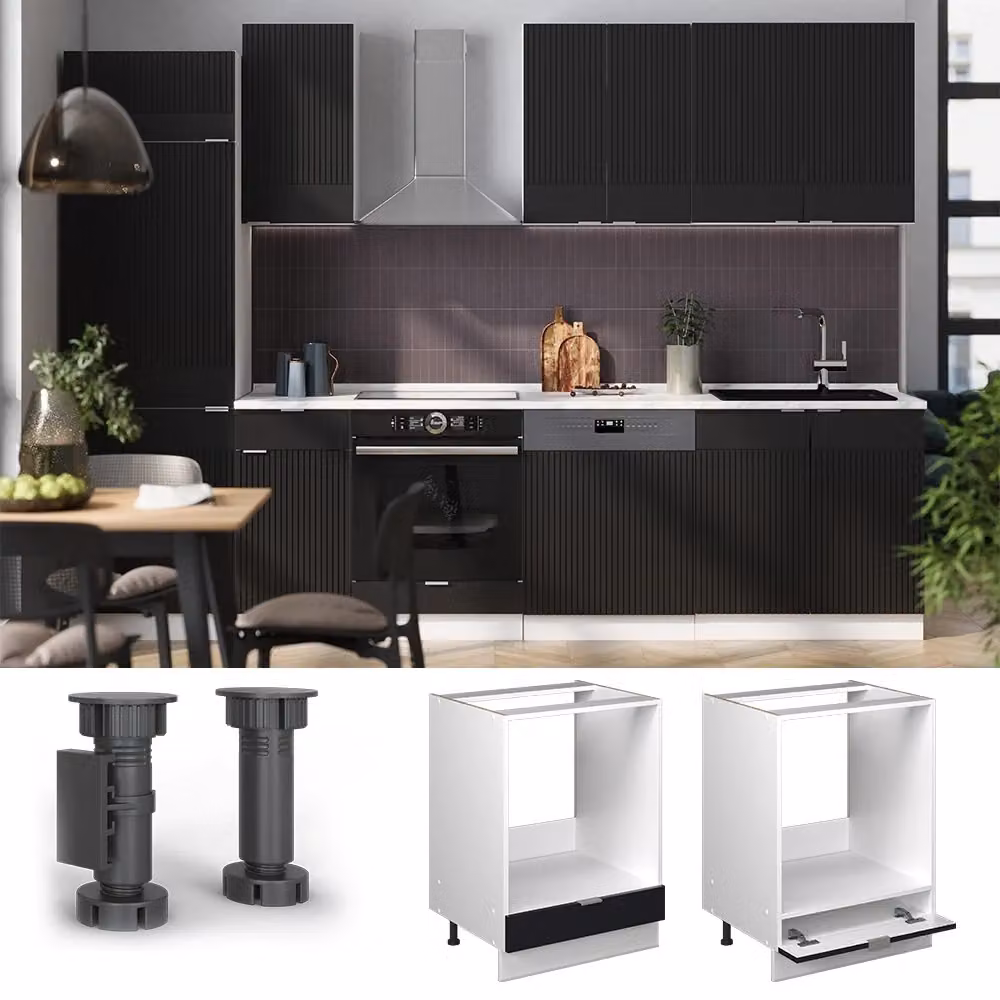 Mobile per forno da incasso Vicco Fame-Line Nero rigato e Bianco con base Antracite, L: 60 cm, H: 82 cm – 2