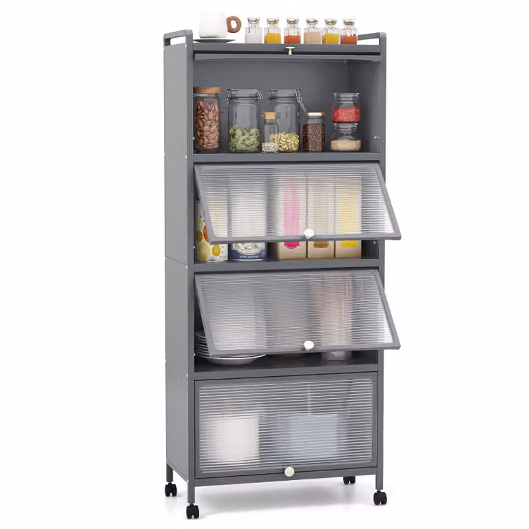 COSTWAY mobile da cucina alto, scaffale da cucina con rotelle, a 5 livelli, supporto per microonde con porte PC incernierate e protezione antiribaltamento, scaffale alto in piedi, per cucina sala da pranzo soggiorno (grigio)