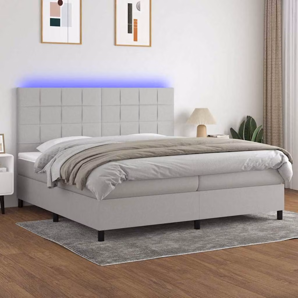 Letto a molle vidaXL con materasso e illuminazione LED, tessuto grigio chiaro, L 200 cm x P 200 cm x H 203 cm – 1