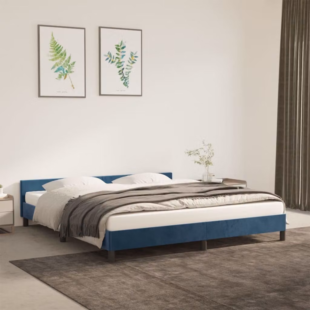 The Living Store Struttura letto con testiera in velluto blu scuro 160x200 cm