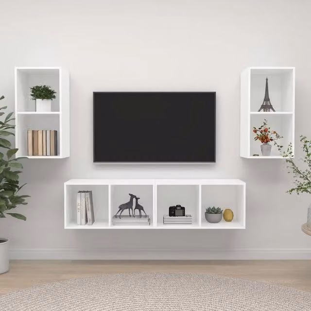 Mobile TV a Parete 4 pz-Set di 4 Mobile TV a Muro Bianco in Truciolato 440551