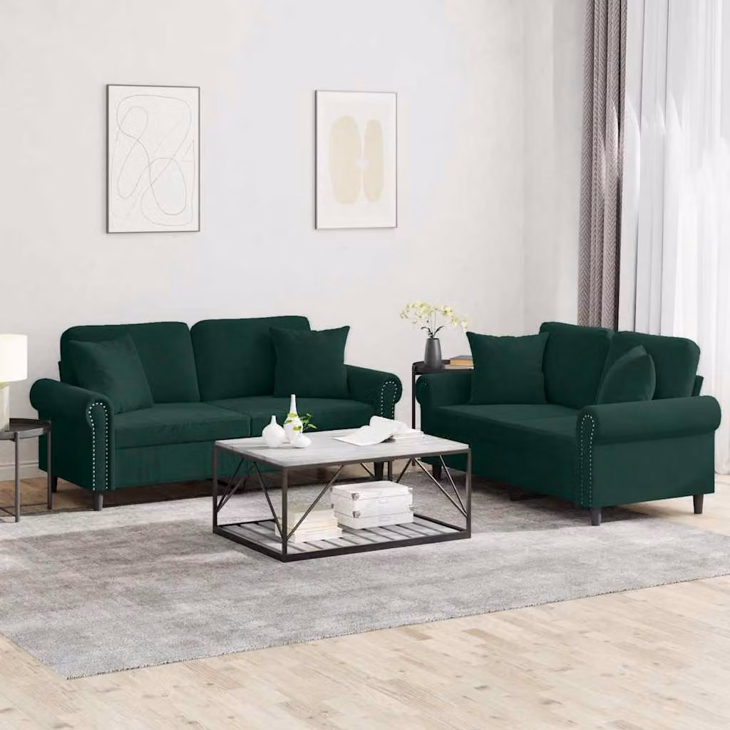 Set di 2 Divani vidaXL in Velluto Verde con Cuscini per Soggiorno Moderno – 1
