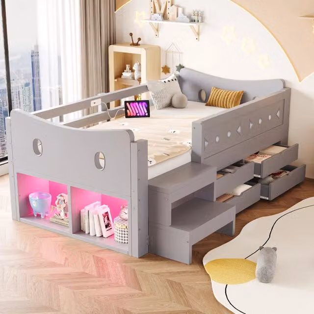 Letto Singolo per Bambini 90x200 cm con Testiera Curva, Cassetti, Scomparti e Barra di Sicurezza, LED e Porte USB/Tipo-C, Grigio