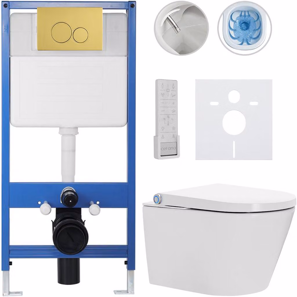 Set completo per WC Profi/Cronus Premium - bianco lucido - pulsante WC Duo/oro - installazione a parete - 59,3 x 38,4 cm