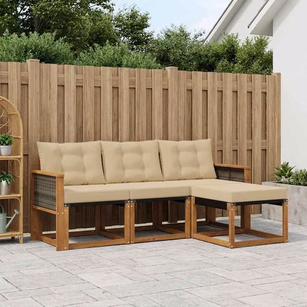 Set di divani da esterno vidaXL a forma di L in legno di acacia con pouf e cuscini, Beige e Marrone