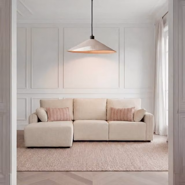 Divano Altea Banak a 3 posti con chaise longue sinistra, modello moderno in tessuto beige con sedili scorrevoli e cuscini inclusi, L 255 cm x P 100 cm