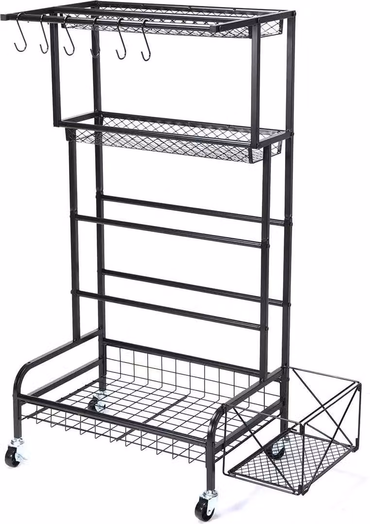 Scaffale di stoccaggio - Scaffale in metallo con rotelle - 4 livelli - A pavimento - Per gli attrezzi - Salvaspazio - Nero