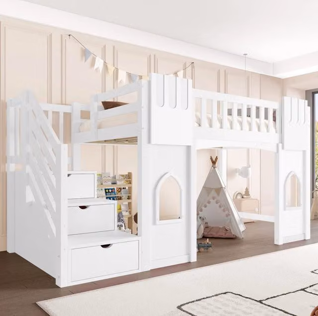 Letto a soppalco 90x200 cm bianco - scala con contenitore, senza materasso
