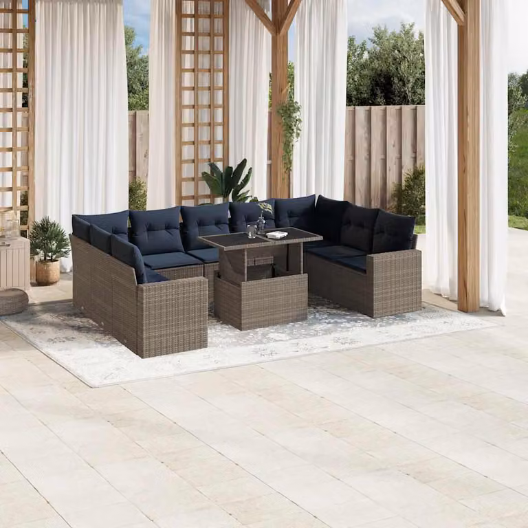 Set di divani da giardino vidaXL in polyrattan a forma di U con cuscini e tavolino da esterno, 10 pezzi, grigio e blu