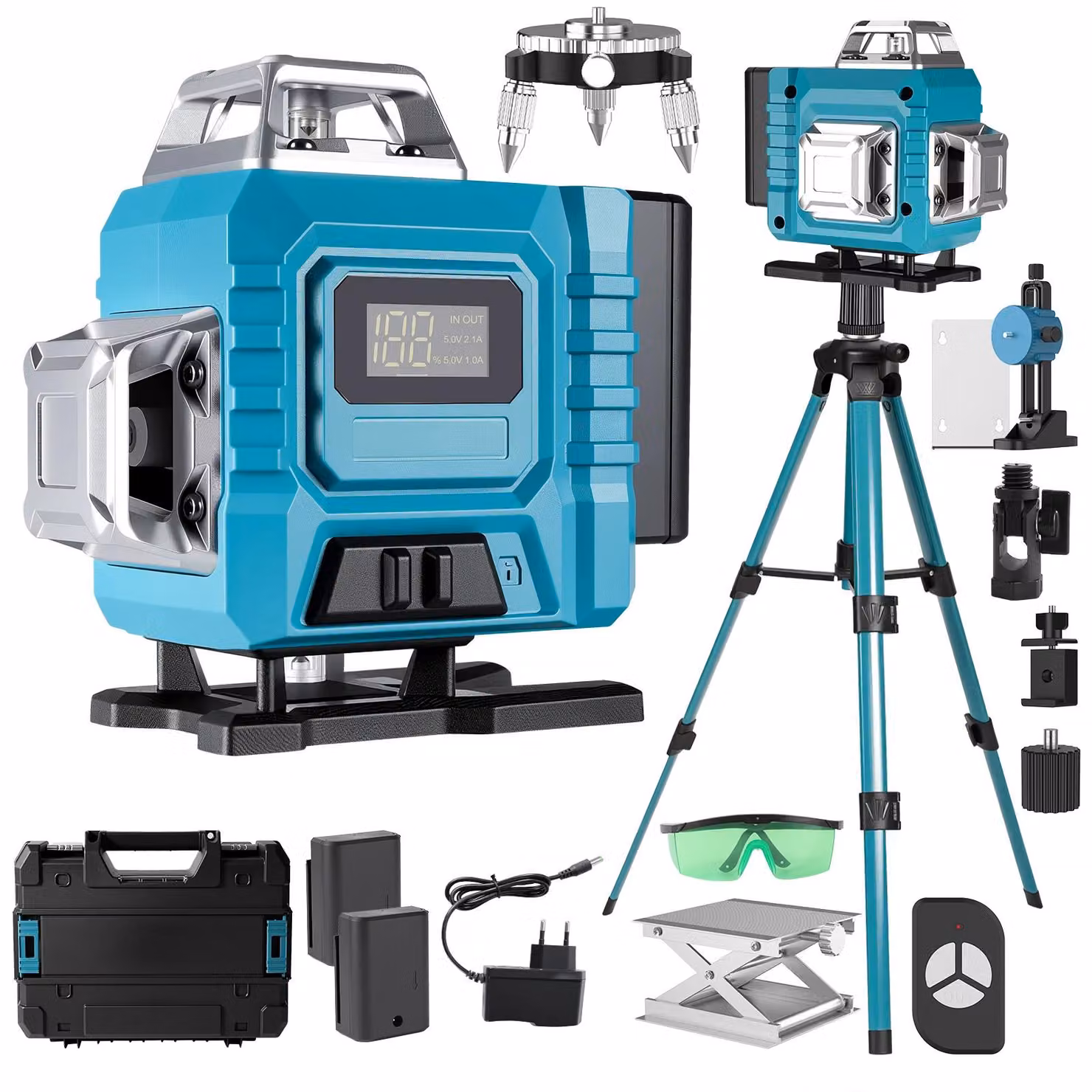 Livella laser 4D a 16 linee - Laser a croce autolivellante - Rotazione a 360° - Autolivellamento di 3° - Laser da costruzione ad alta precisione - Con treppiede da 1 metro - Colore blu