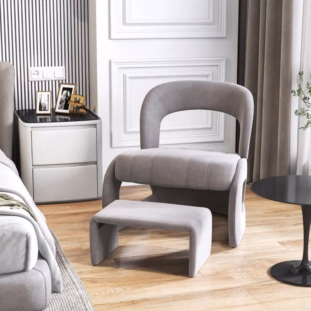Set di poltrona e pouf moderna in velluto grigio con schienale curvo e seduta imbottita – 2