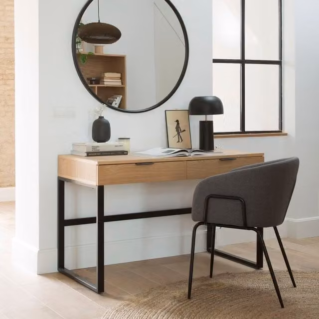 Scrivania moderna Banak in legno e metallo marrone con cassettiera per home office – 1