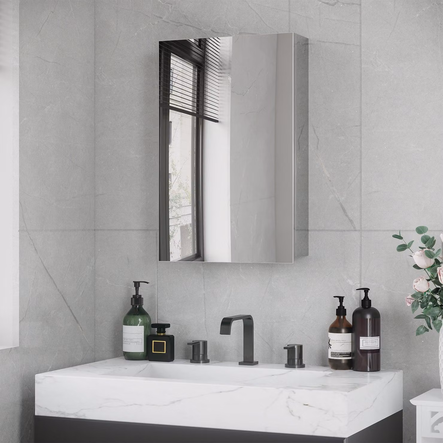 Specchio da bagno - Mobiletto con specchio - Mobile da bagno - Specchio da parete - Mobiletto contenitore - Cornice in acciaio inossidabile - 39x12x60 cm