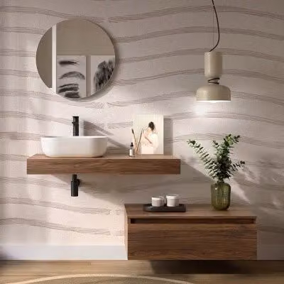 Composizione bagno Sumo in noce maya con mensolone da 100 cm e cassettiera sospesa da 80 cm