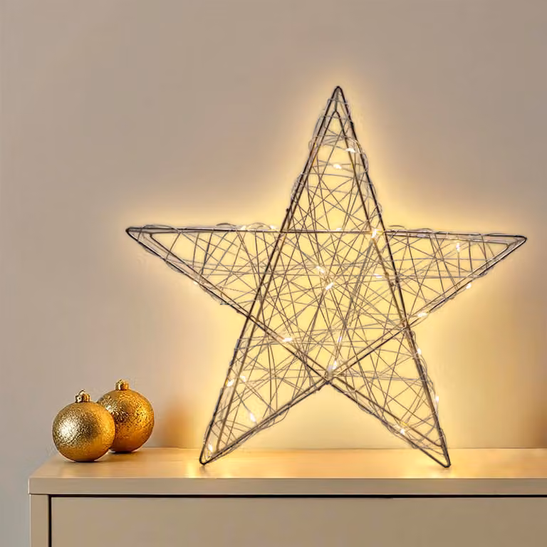 3.09 Stella decorativa illuminata in champagne - circa 30 cm - decorazione con 25 LED bianchi caldi con timer