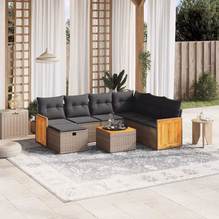 vidaXL Set Divano da Giardino a L 8 pz Grigio con Cuscini Imbottiti e Tavolino in Polyrattan e Acciaio