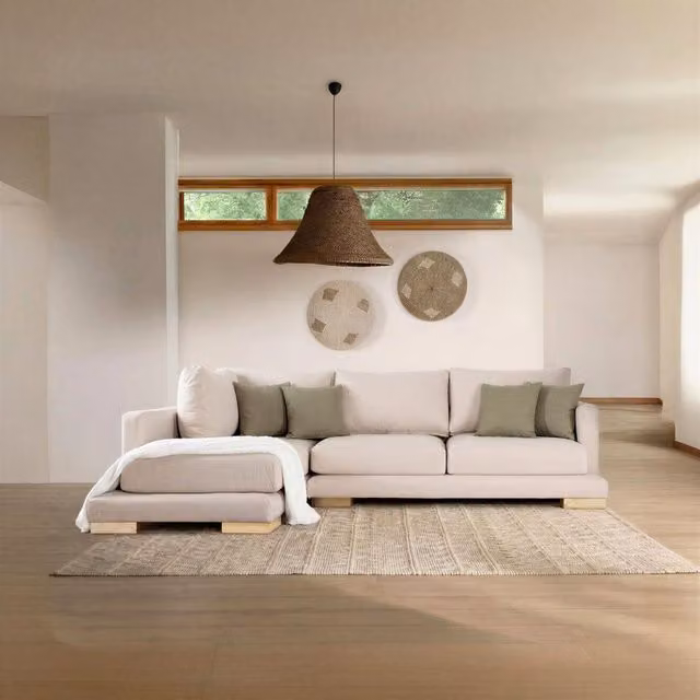 Divano letto Luxor Living beige a 4 posti con configurazione a sinistra, design moderno a L e rivestimento in tessuto con coperture rimovibili