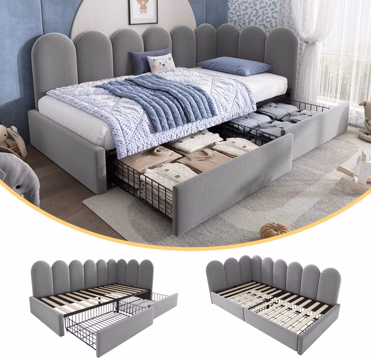 Letto imbottito singolo 90x190 cm Grigio, velluto Letto contenitore con cassetti e rete a doghe, divano letto, senza materasso