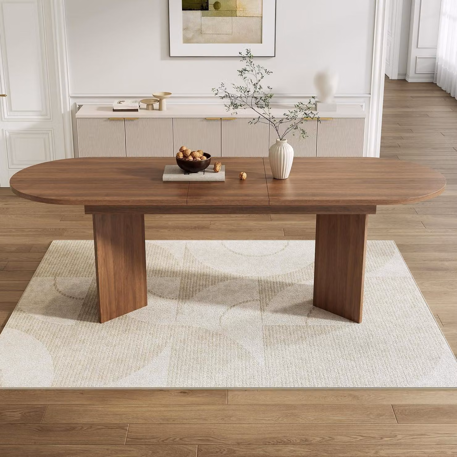 Tavolo da pranzo allungabile in legno, dimensioni 160/200 x 90 x 75 cm, finitura effetto noce, angoli arrotondati